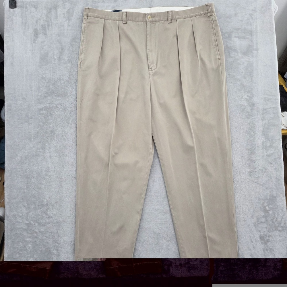 VTG Polo Ralph Lauren BIG Andrew Pants Mens 46Bx30 Khaki Baggy DBL Pleated Chino